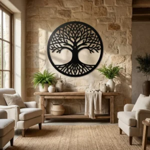 Metalowa dekoracja ścienna Drzewo Życia Nowoczesne na jasnej kamiennej ścianie w eleganckim wnętrzu