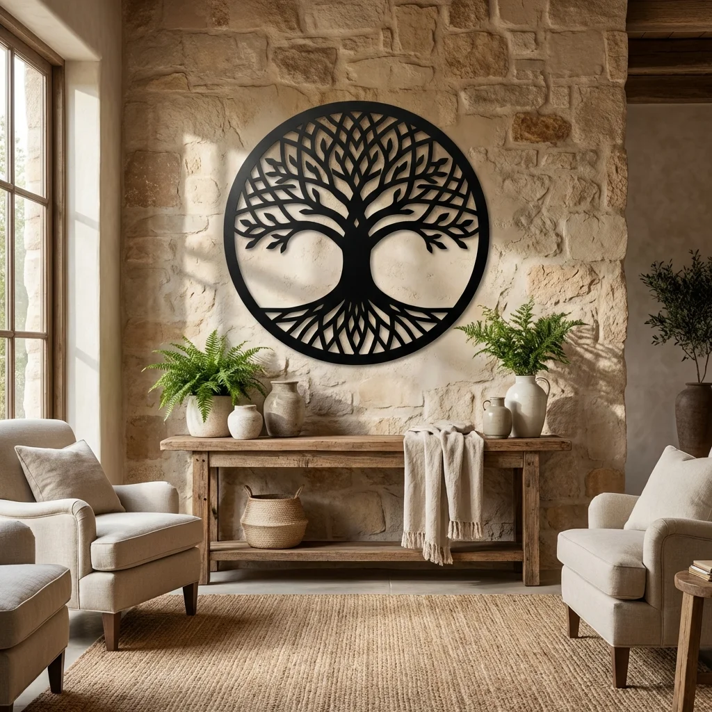 Metalowa dekoracja ścienna Drzewo Życia Nowoczesne na jasnej kamiennej ścianie w eleganckim wnętrzu