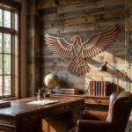 Metalowa dekoracja ścienna Eagle Geometry w geometrycznym stylu na drewnianej ścianie