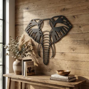 Metalowa dekoracja ścienna Elephant Head Geometry na drewnianej ścianie w naturalnym wnętrzu