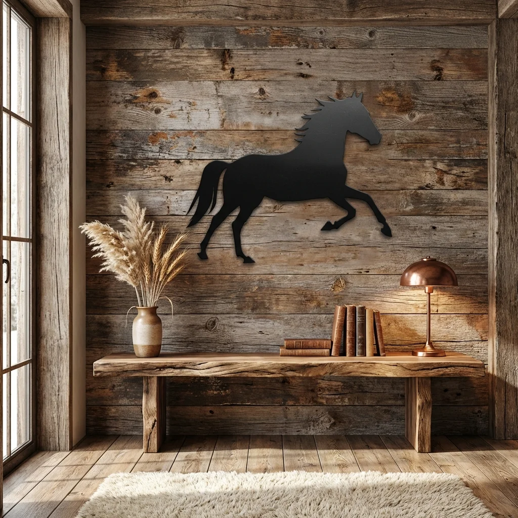 Metalowa dekoracja ścienna Horse Running 1 na drewnianej ścianie w rustykalnym wnętrzu