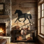 Metalowa dekoracja ścienna Horse Running 2 na drewnianej ścianie w rustykalnym wnętrzu