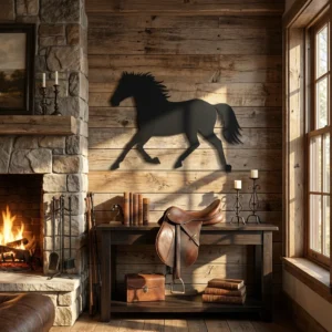Metalowa dekoracja ścienna Horse Running 2 na drewnianej ścianie w rustykalnym wnętrzu