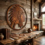 Metalowa dekoracja ścienna Indian Head – Warrior w stylu corten na drewnianej ścianie