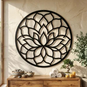 Metalowa dekoracja ścienna Kwiat Lotosu 1 na jasnej ścianie w spokojnym, naturalnym wnętrzu