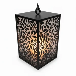 Lampion roślinny Płomień – metalowy lampion ogrodowy z plexi i pokrywą