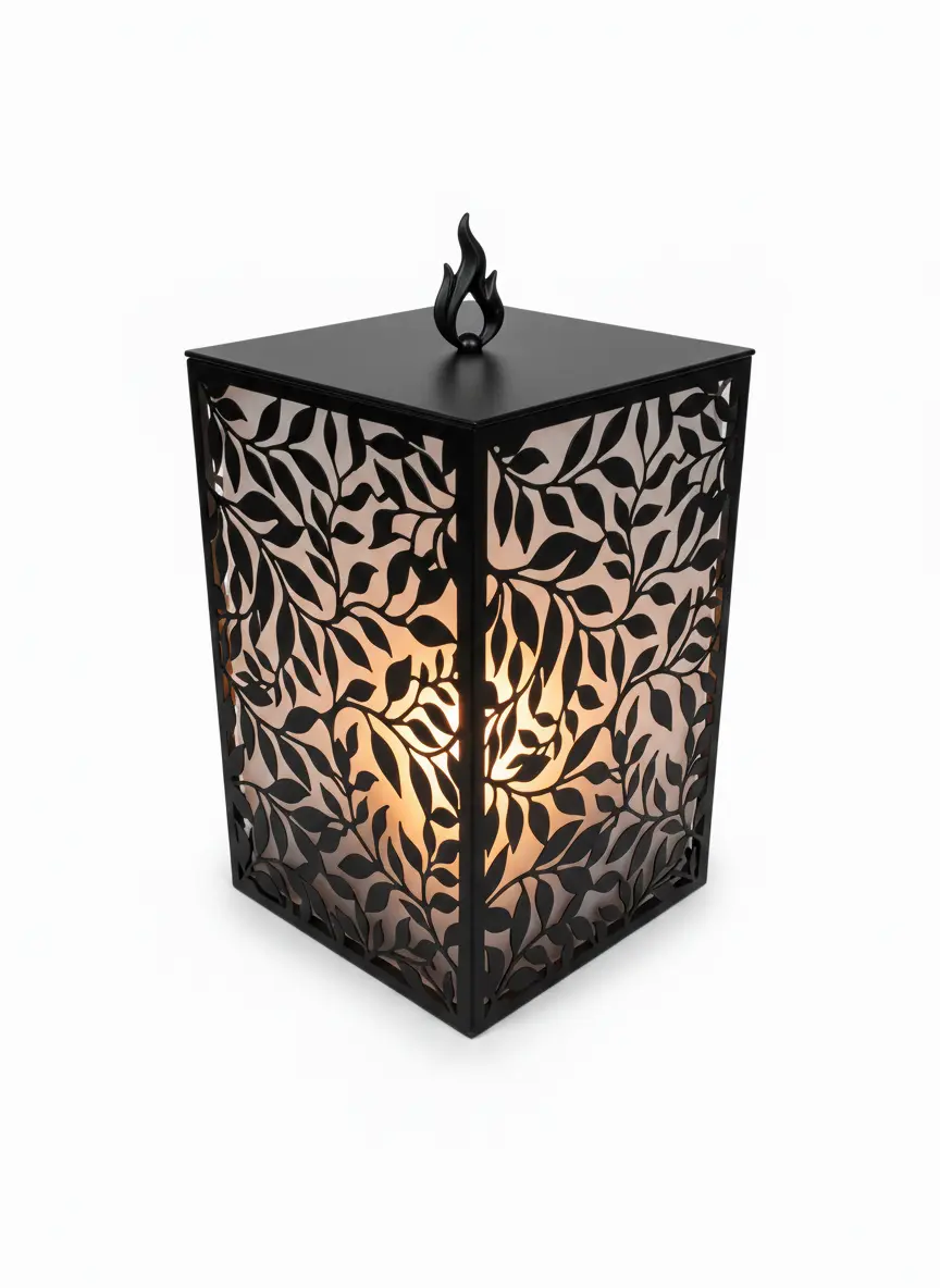 Lampion roślinny Płomień – metalowy lampion ogrodowy z plexi i pokrywą