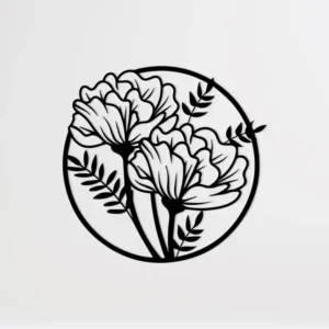 Metalowa dekoracja ścienna Okrągły Bukiet – kwiaty w okrągłej ramie, nowoczesna ozdoba wnętrz.