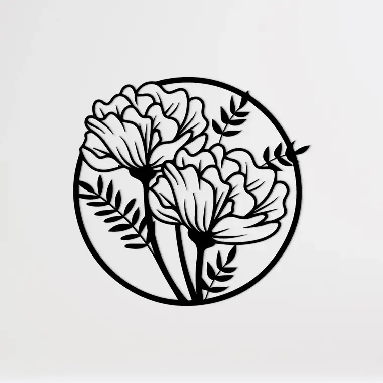 Metalowa dekoracja ścienna Okrągły Bukiet – kwiaty w okrągłej ramie, nowoczesna ozdoba wnętrz.