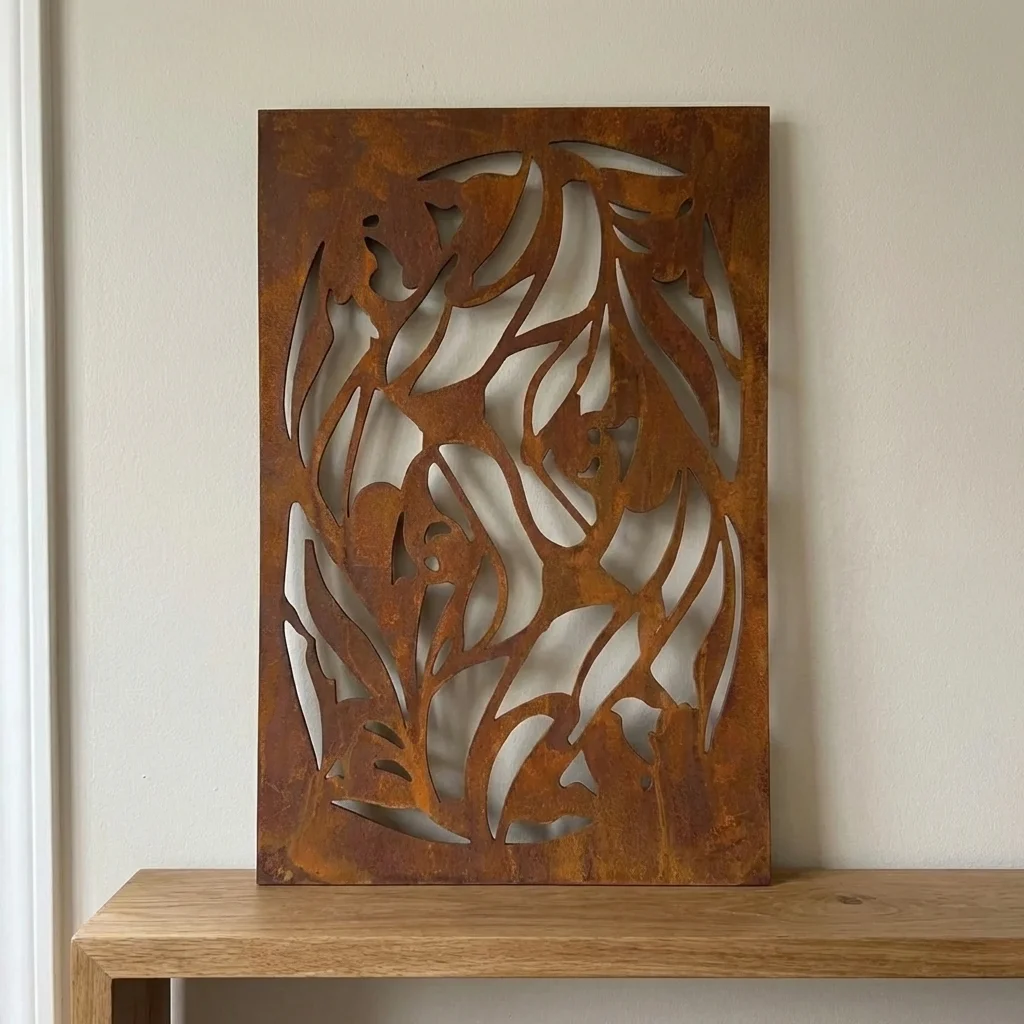 Panel dekoracyjny metalowy corten z motywem liści ażurowy na ścianę