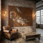 Panel dekoracyjny metalowy corten z motywem leśnym i ażurowym wzorem na ścianę