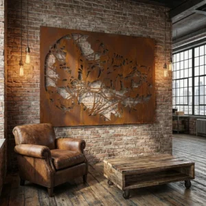 Panel dekoracyjny metalowy corten z motywem leśnym i ażurowym wzorem na ścianę