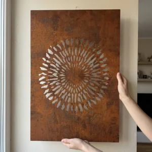 Panel dekoracyjny metalowy corten z motywem kwiatu i ażurowym wzorem na ścianę