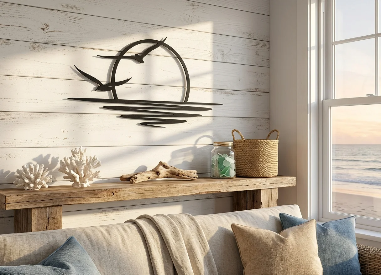 Metalowa dekoracja ścienna Zachód Słońca z ptakami nad wodą w jasnym wnętrzu