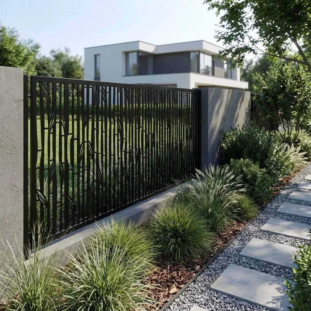 Czarny metalowy panel ogrodzeniowy z nowoczesnym wzorem inspirowanym bambusem przy ścieżce prowadzącej do nowoczesnego domu.