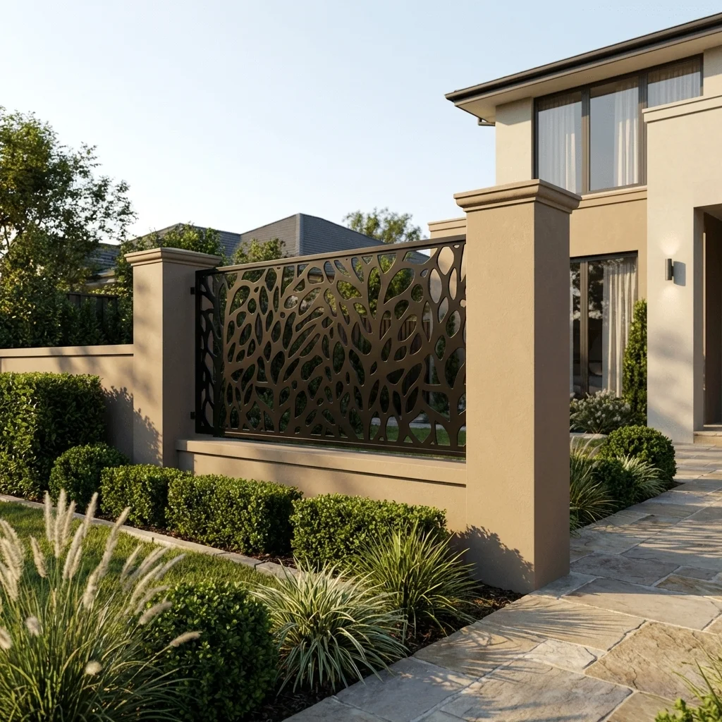 Metalowy panel ogrodzeniowy z organicznym ażurowym wzorem zamontowany między jasnymi słupkami przy nowoczesnym domu.