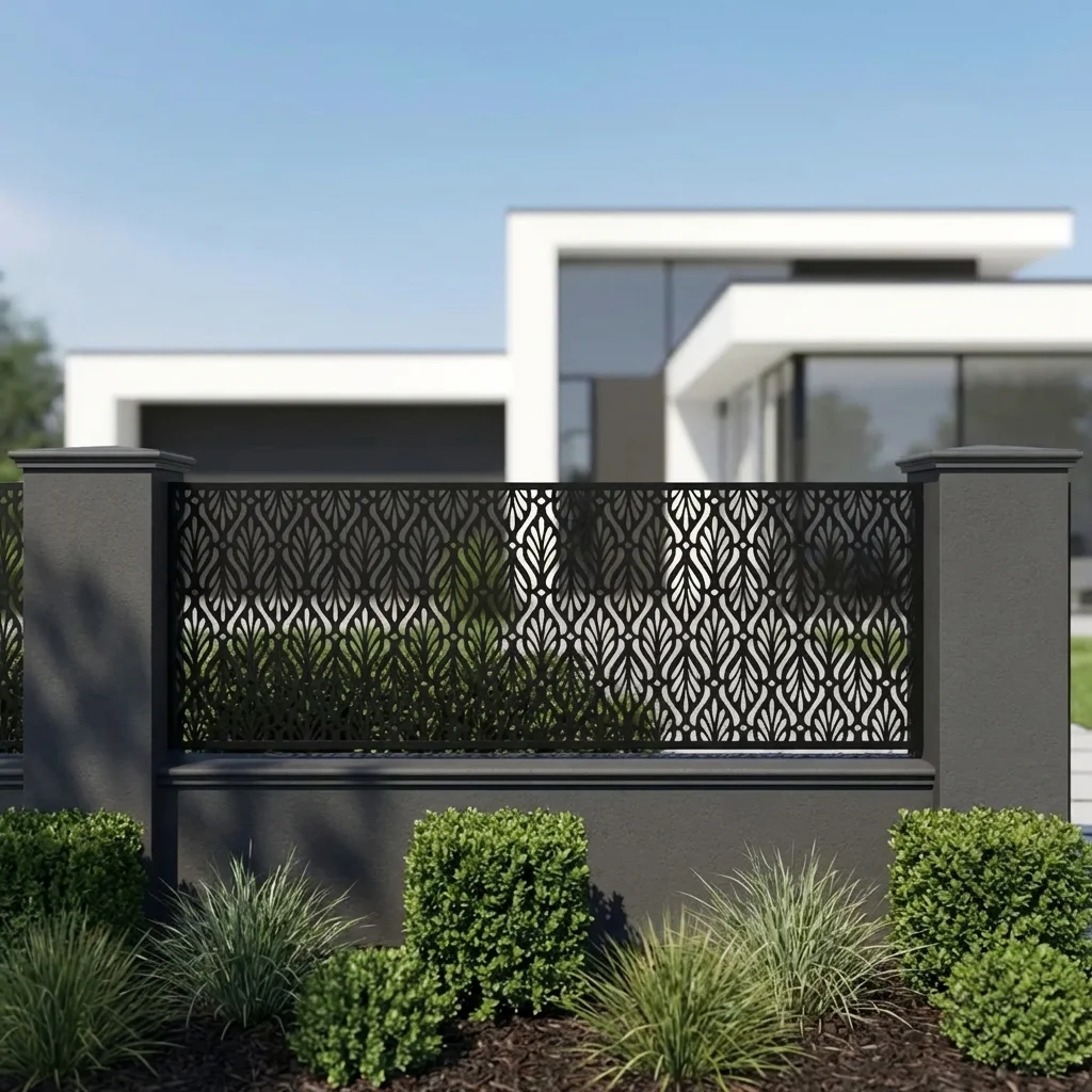 Czarny metalowy panel ogrodzeniowy z eleganckim ażurowym wzorem liści zamontowany przed nowoczesnym domem.