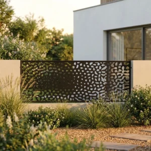 Metalowy panel ogrodzeniowy w ciemnym kolorze z nowoczesnym ażurowym wzorem inspirowanym strukturą korala przy eleganckiej posesji.