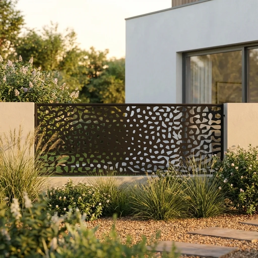 Metalowy panel ogrodzeniowy w ciemnym kolorze z nowoczesnym ażurowym wzorem inspirowanym strukturą korala przy eleganckiej posesji.