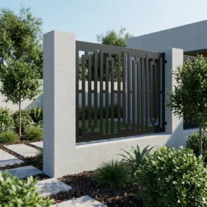 Metalowy panel ogrodzeniowy w ciemnym kolorze z nowoczesnym geometrycznym wzorem zamontowany między jasnymi słupkami przy minimalistycznej posesji.