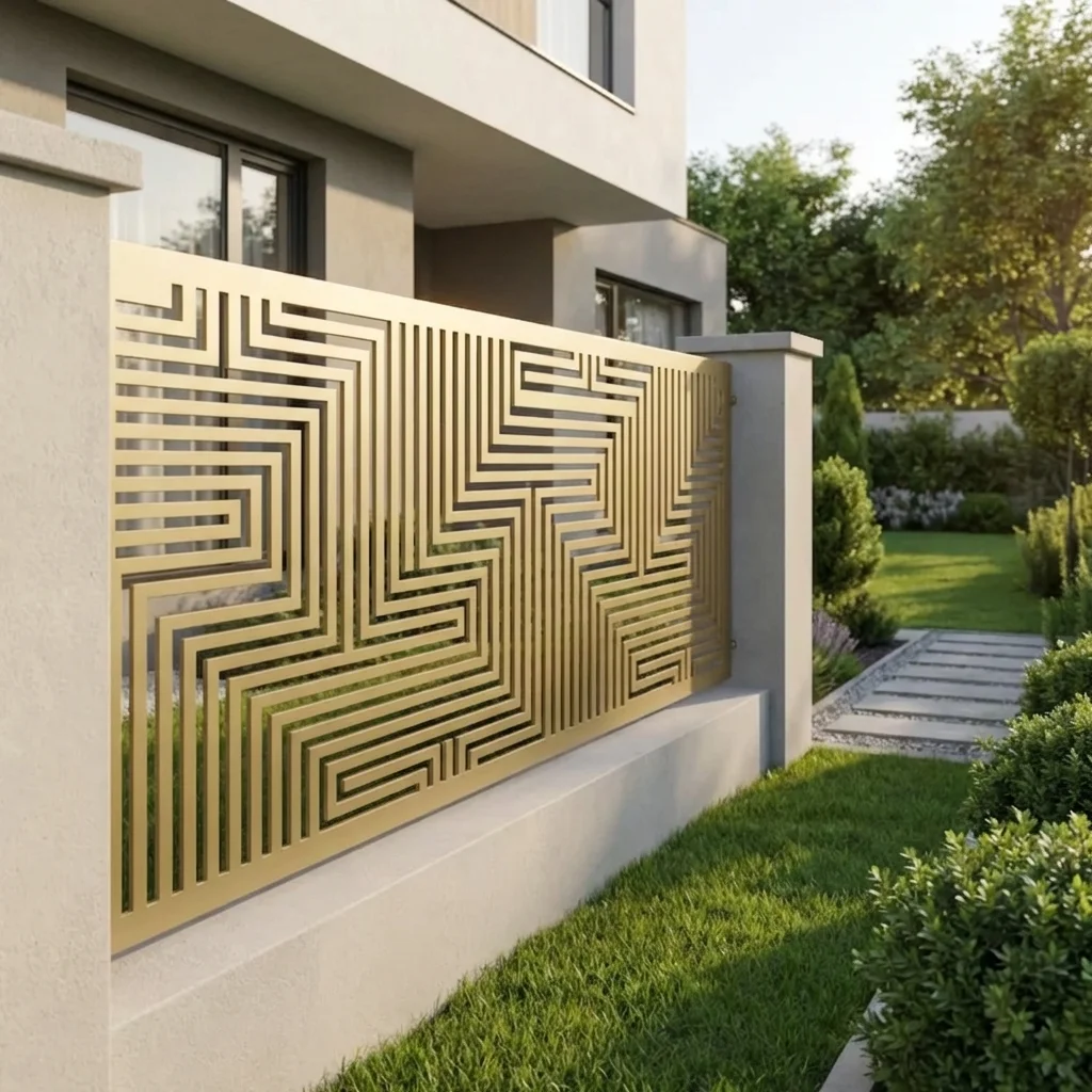 Metalowy panel ogrodzeniowy w złotym kolorze z nowoczesnym geometrycznym wzorem zamontowany przy eleganckiej posesji.