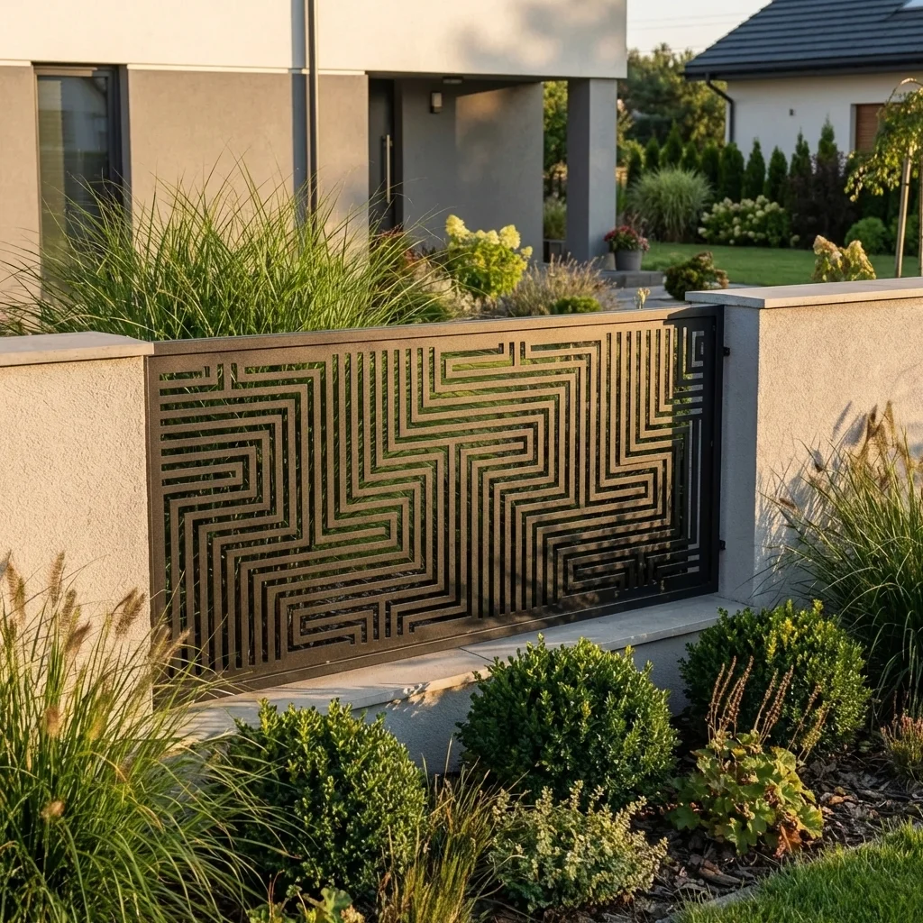 Metalowy panel ogrodzeniowy w ciemnym kolorze z geometrycznym wzorem labiryntu zamontowany przy nowoczesnym domu i ozdobnym ogrodzie.
