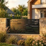 Metalowy panel ogrodzeniowy w ciemnym kolorze z nowoczesnym poziomym wzorem liniowym zamontowany między kamiennymi słupkami.