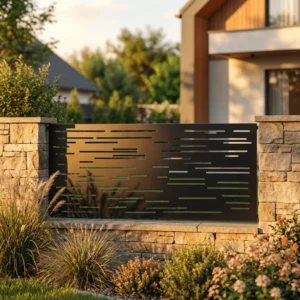 Metalowy panel ogrodzeniowy w ciemnym kolorze z nowoczesnym poziomym wzorem liniowym zamontowany między kamiennymi słupkami.