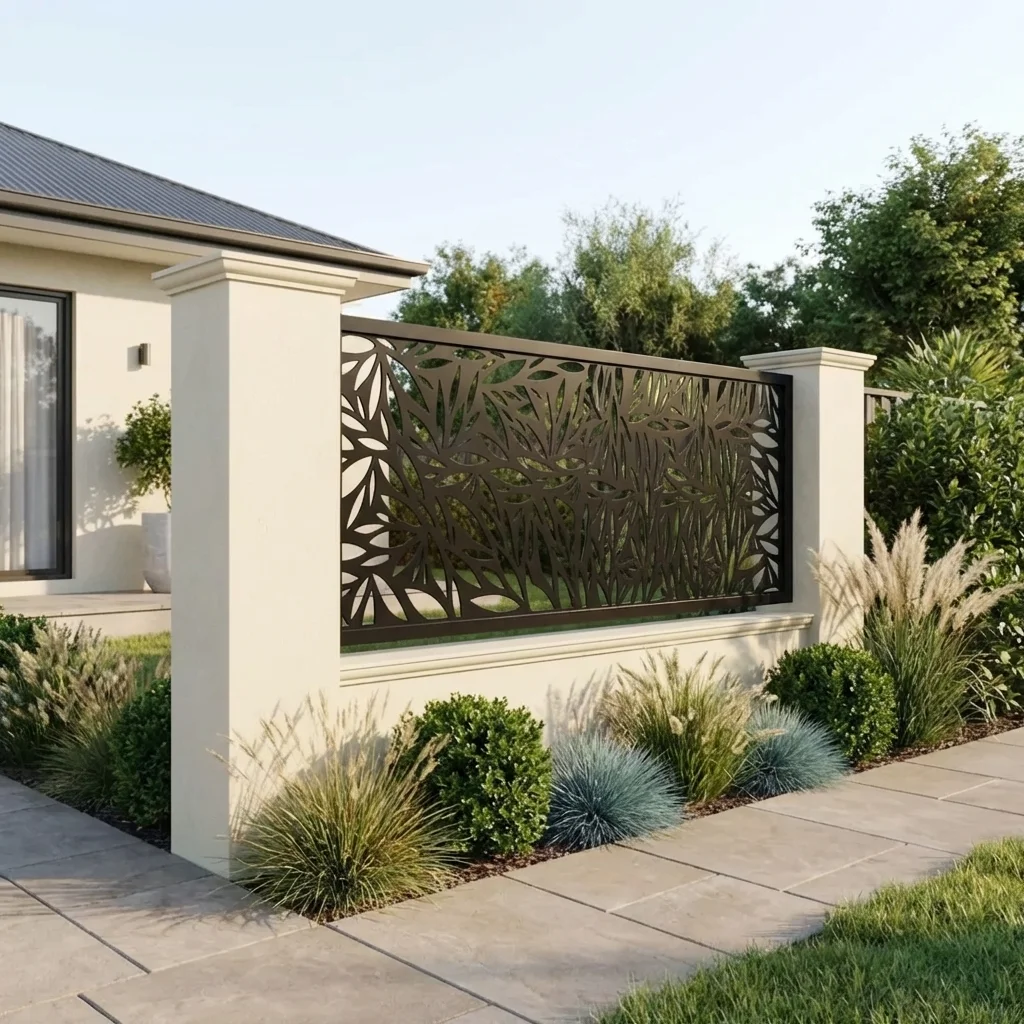 Metalowy panel ogrodzeniowy w ciemnym kolorze z ażurowym wzorem liści zamontowany między jasnymi słupkami przy nowoczesnym domu.
