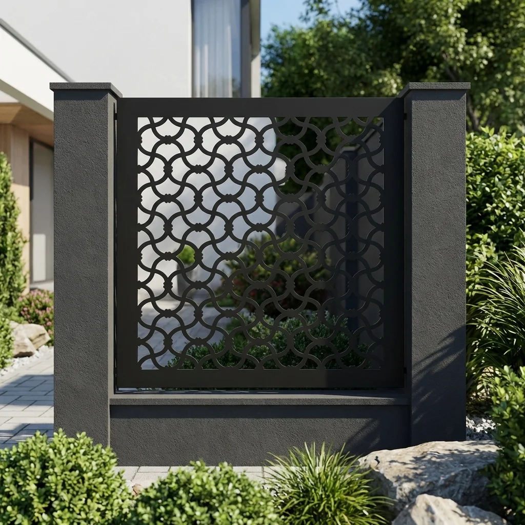 Czarny metalowy panel ogrodzeniowy z geometrycznym ażurowym wzorem zamontowany między ciemnymi słupkami przy nowoczesnym domu.