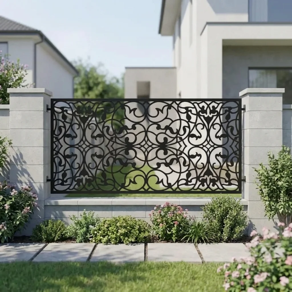 Metalowy panel ogrodzeniowy w czarnym kolorze z klasycznym ornamentalnym wzorem zamontowany między jasnymi słupkami przy eleganckiej posesji.