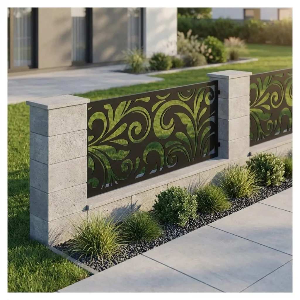 Metalowy panel ogrodzeniowy w ciemnym kolorze z dekoracyjnym roślinnym wzorem zamontowany między jasnymi słupkami przy nowoczesnej posesji.