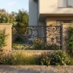 Metalowy panel ogrodzeniowy w ciemnym kolorze z dekoracyjnym ażurowym wzorem winorośli zamontowany między jasnymi murkami przy eleganckiej posesji.