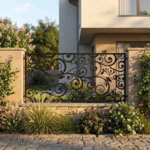 Metalowy panel ogrodzeniowy w ciemnym kolorze z dekoracyjnym ażurowym wzorem winorośli zamontowany między jasnymi murkami przy eleganckiej posesji.
