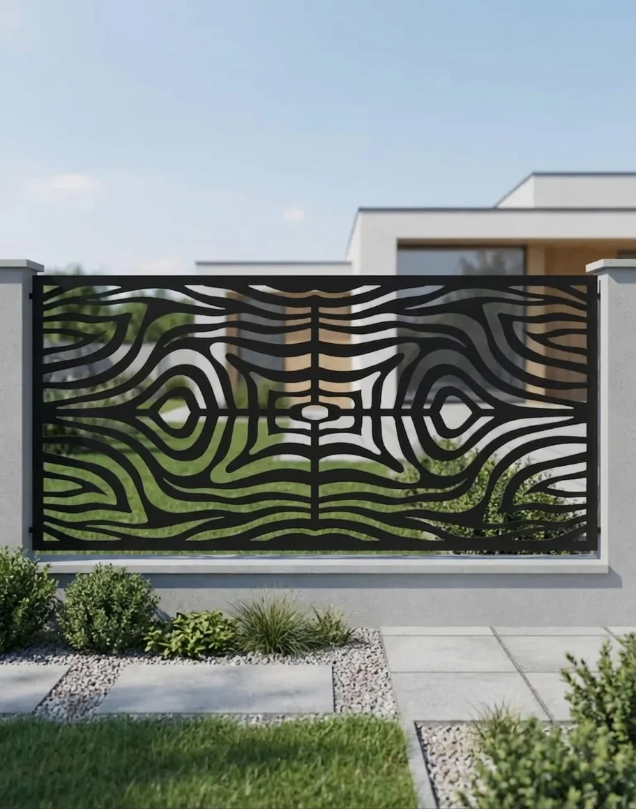 Metalowy panel ogrodzeniowy w czarnym kolorze z dynamicznym ażurowym wzorem falistych linii zamontowany między jasnymi słupkami przy nowoczesnym domu.