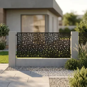 Metalowy panel ogrodzeniowy w czarnym kolorze z ażurowym wzorem mozaiki zamontowany między jasnymi słupkami przy nowoczesnej posesji.