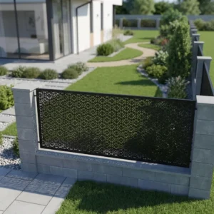 Metalowy panel ogrodzeniowy w czarnym kolorze z drobnym orientalnym ażurowym wzorem zamontowany między jasnymi słupkami przy nowoczesnym ogrodzie.