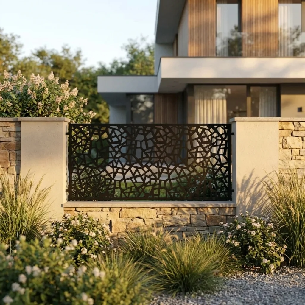 Metalowy panel ogrodzeniowy w czarnym kolorze z nieregularnym ażurowym wzorem przypominającym rozbite szkło zamontowany między jasnymi słupkami przy nowoczesnej posesji.