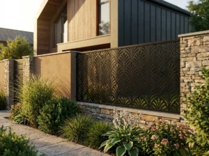 Metalowy panel ogrodzeniowy w ciemnym kolorze z eleganckim ażurowym wzorem wachlarzy zamontowany przy nowoczesnym domu.