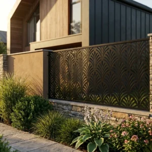 Metalowy panel ogrodzeniowy w ciemnym kolorze z eleganckim ażurowym wzorem wachlarzy zamontowany przy nowoczesnym domu.