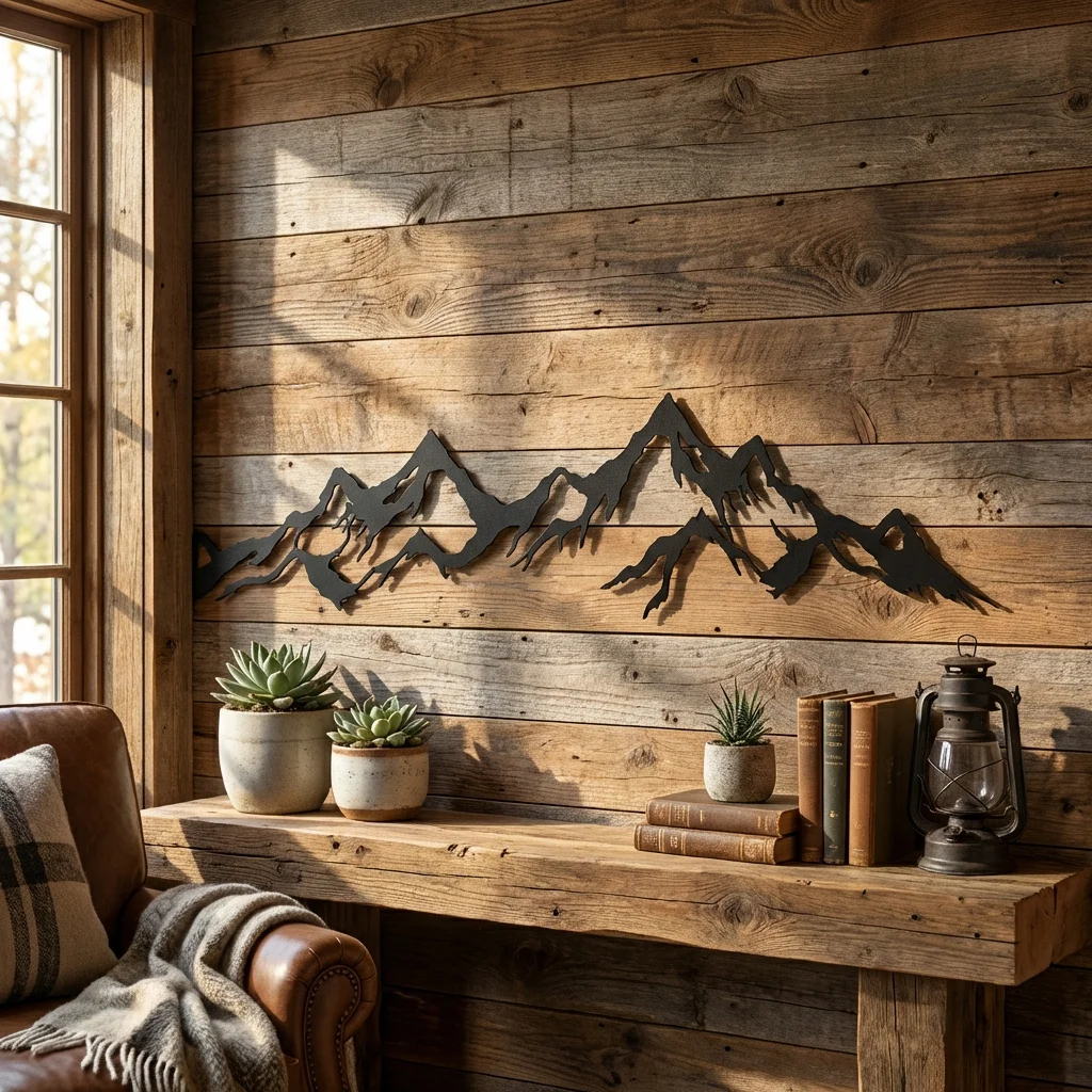 Metalowa dekoracja ścienna Górski Horyzont na drewnianej ścianie w rustykalnym wnętrzu