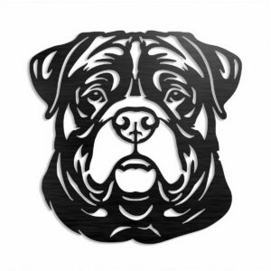 Metalowa dekoracja ścienna Rottweiler – głowa psa w stylu wycinanym laserowo.