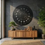 Metalowa dekoracja ścienna Rune Circle B na ciemnej kamiennej ścianie w nowoczesnym wnętrzu