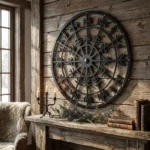 Metalowa dekoracja ścienna Rune Circle C na drewnianej ścianie w rustykalnym wnętrzu