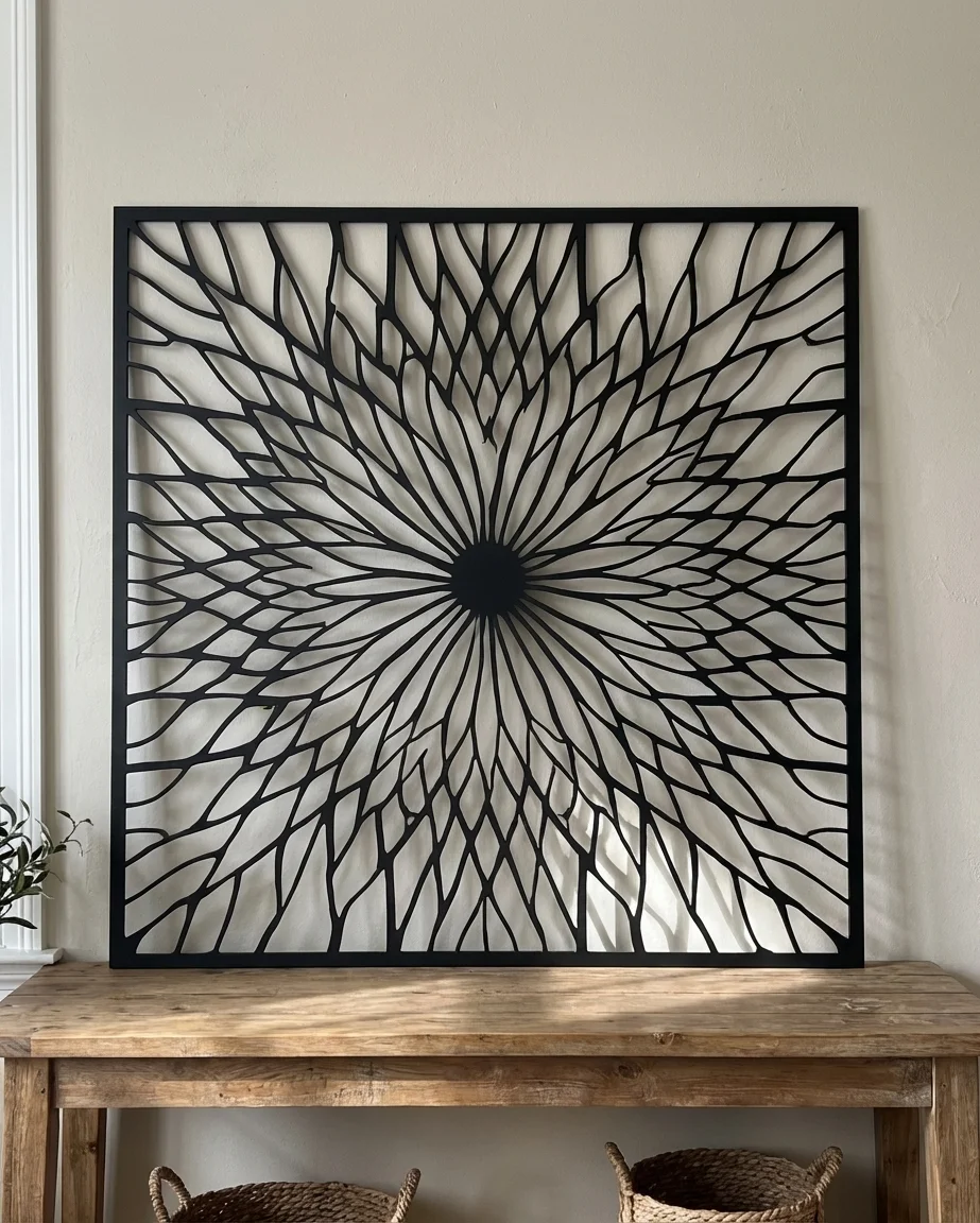 Panel Dekoracyjny Metalowy Solar Burst – nowoczesny ażurowy panel ścienny z promienistym wzorem