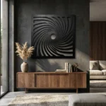 Metalowa dekoracja ścienna Spiralis I – Wir Centralny na ciemnej ścianie w nowoczesnym wnętrzu