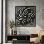 Metalowa dekoracja ścienna Spiralis II – Hipnotyczny Wir na jasnej ścianie w nowoczesnym wnętrzu