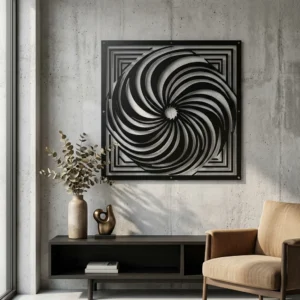 Metalowa dekoracja ścienna Spiralis II – Hipnotyczny Wir na jasnej ścianie w nowoczesnym wnętrzu