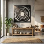 Metalowa dekoracja ścienna Spiralis III – Spiralne Ostrza na jasnej ścianie w nowoczesnym wnętrzu
