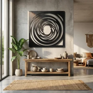 Metalowa dekoracja ścienna Spiralis III – Spiralne Ostrza na jasnej ścianie w nowoczesnym wnętrzu